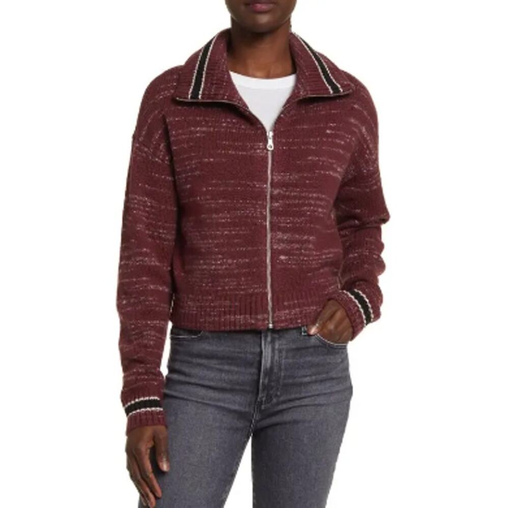 New TREASURE & BOND Nordstrom ~Space Dye Maroon Cotton Blend Zip Cardigan Small